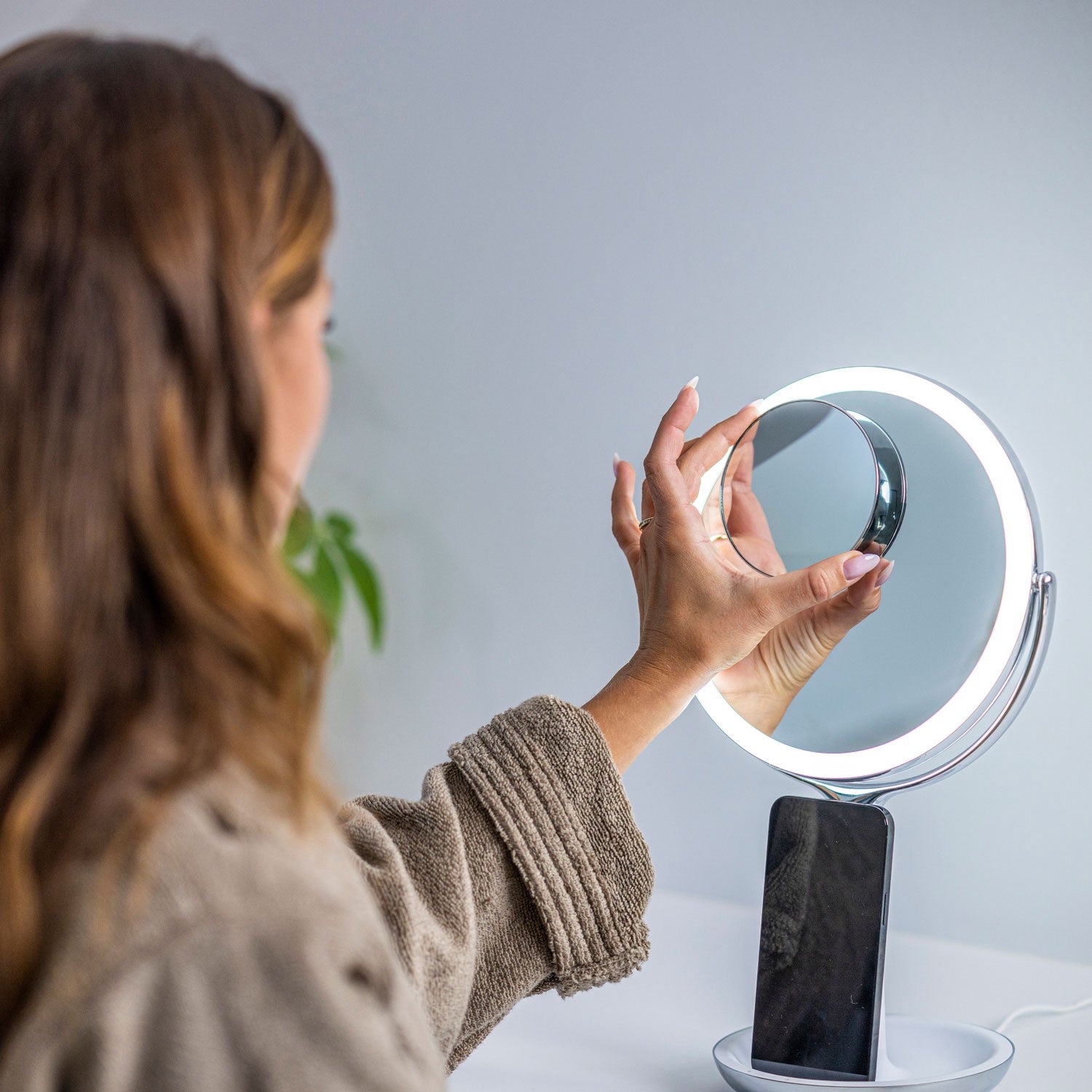 LED Vanity Mirror With Qi Wireless Charger, 8-Inch