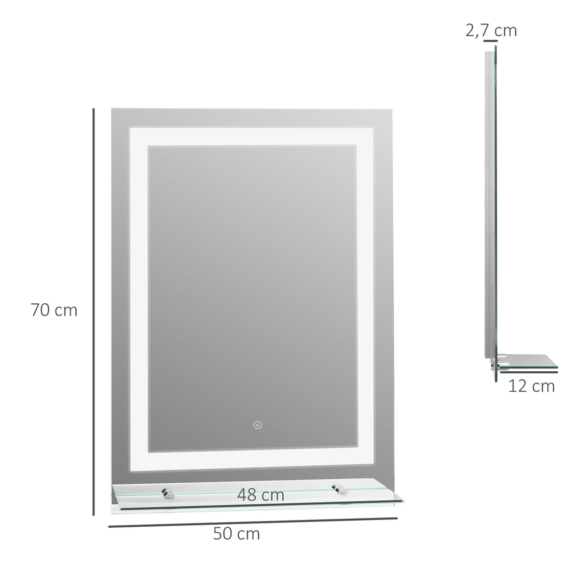 LED bathroom mirror bathroom mirror with lighting, glass shelf, 22W, 70x50cm