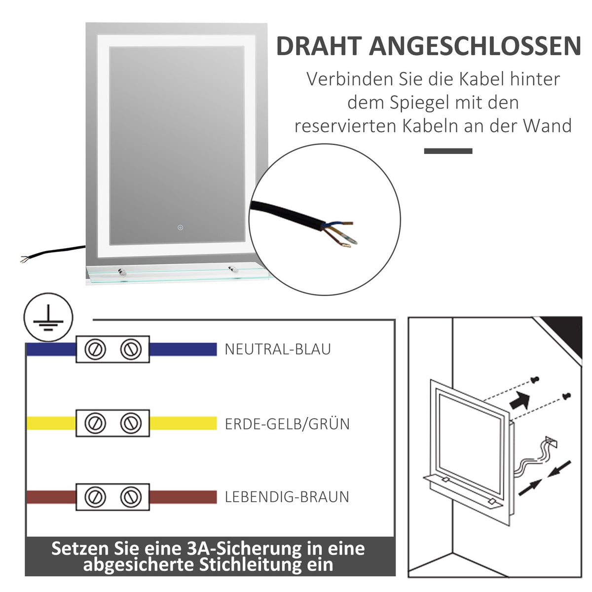 LED bathroom mirror bathroom mirror with lighting, glass shelf, 22W, 70x50cm