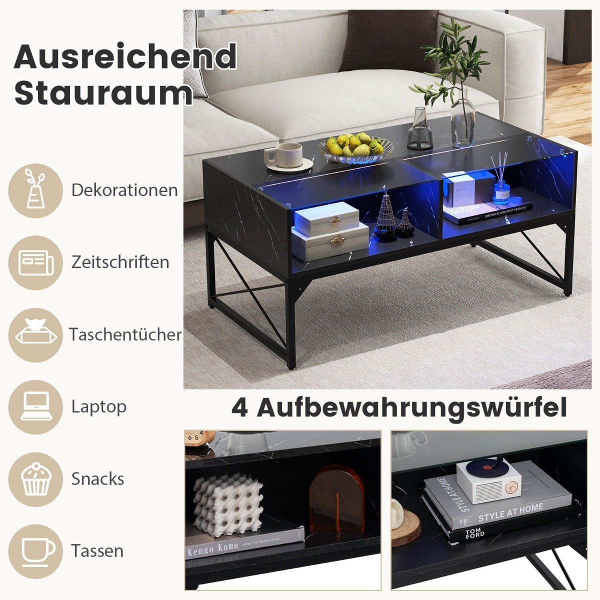 LED coffee table with marble look & adjustable light colors & Brightness living room table black