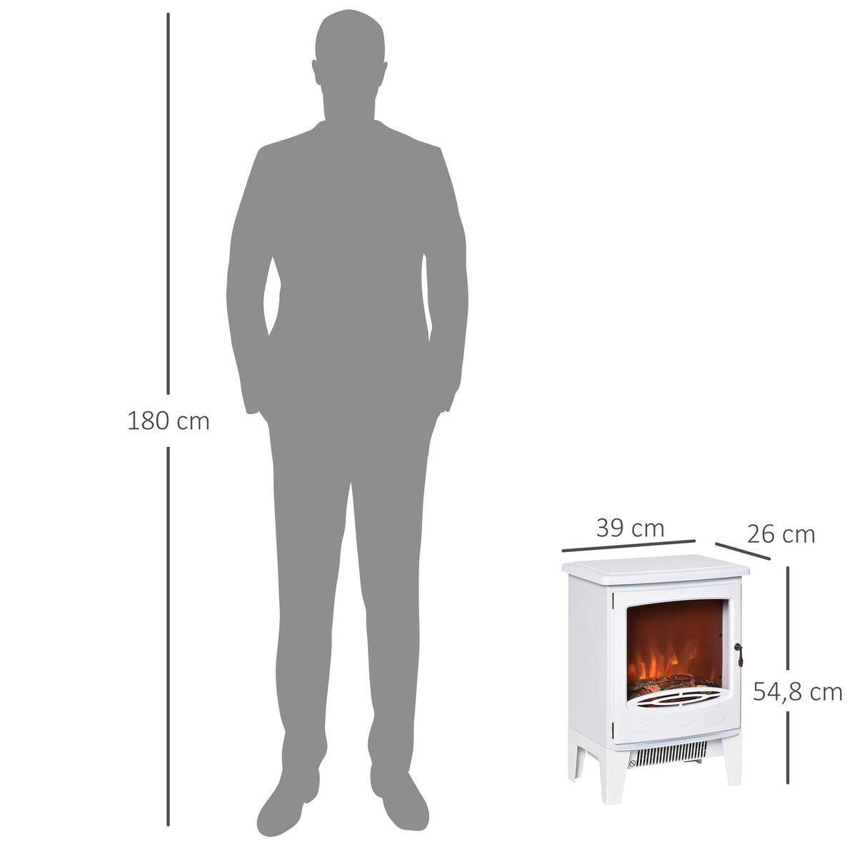 LED electric fireplace freestanding fireplace with flame effect 900/1800W metal & ABS plastic in white 39 x 26 x 54.8 cm for a cozy atmosphere