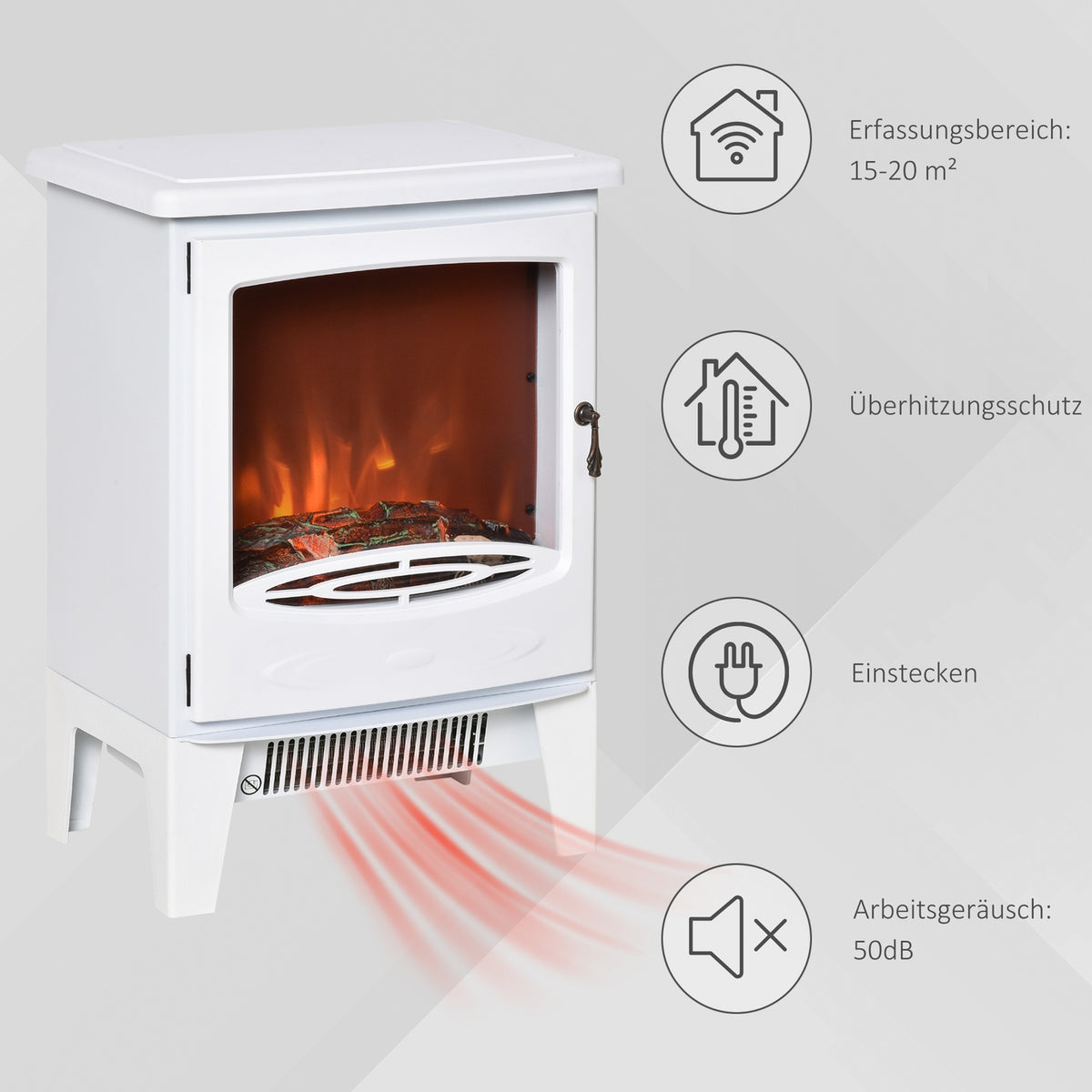 LED electric fireplace freestanding fireplace with flame effect 900/1800W metal & ABS plastic in white 39 x 26 x 54.8 cm for a cozy atmosphere