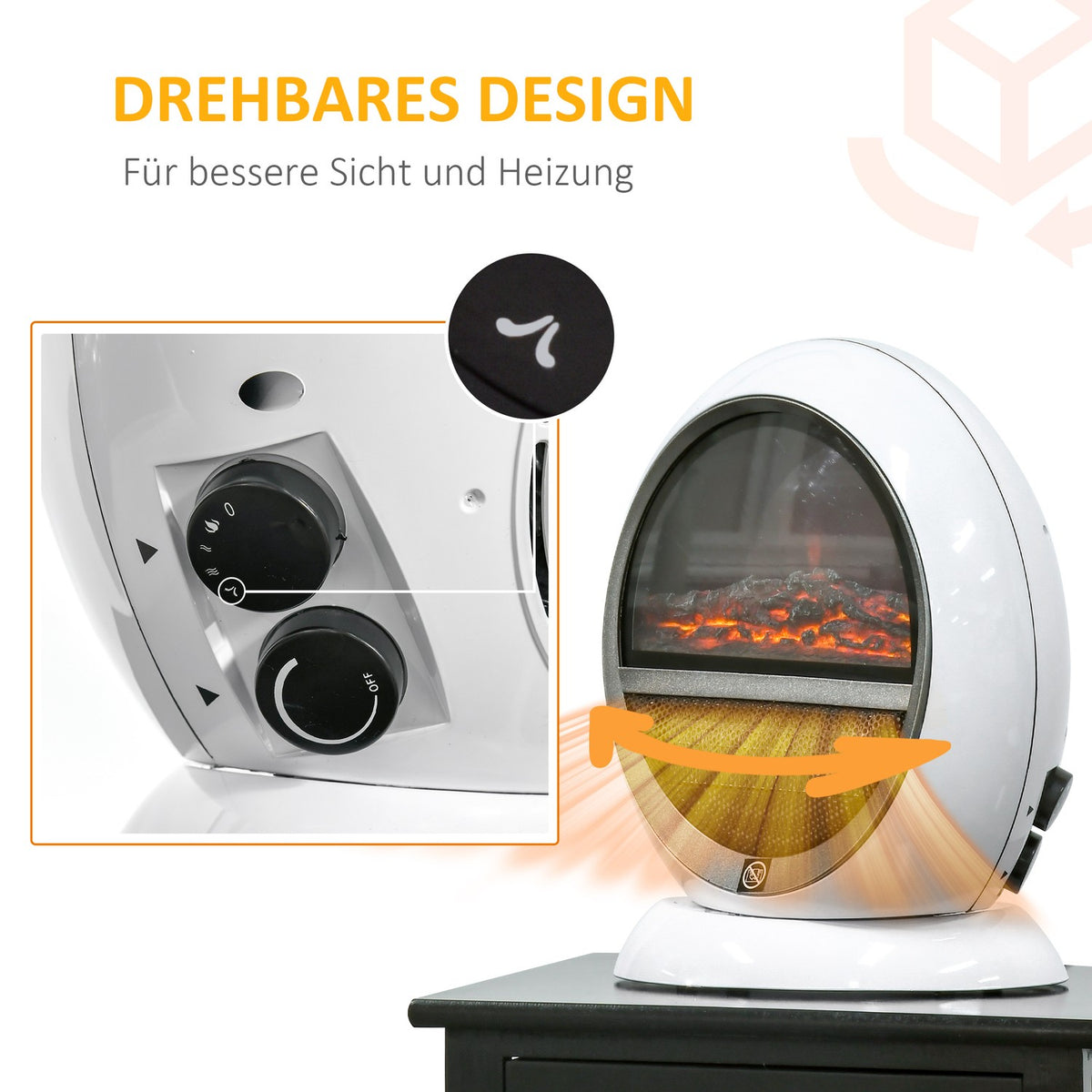 LED electric fireplace mini table fireplace 1500W with flame effect, stable, ABS plastic, white, compact size 30.5 x 18 x 35 cm
