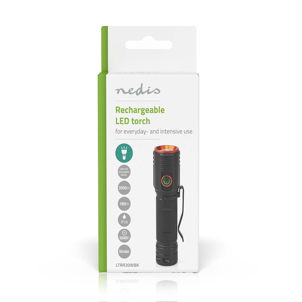 LED flashlight | Battery powered | 3.7 V DC | 20 W| Built-in lithium ion | batteries included | Rechargeable | Indicated luminous flux: 2000 lm | Lighting range: 180 m | Beam angle: 10 °