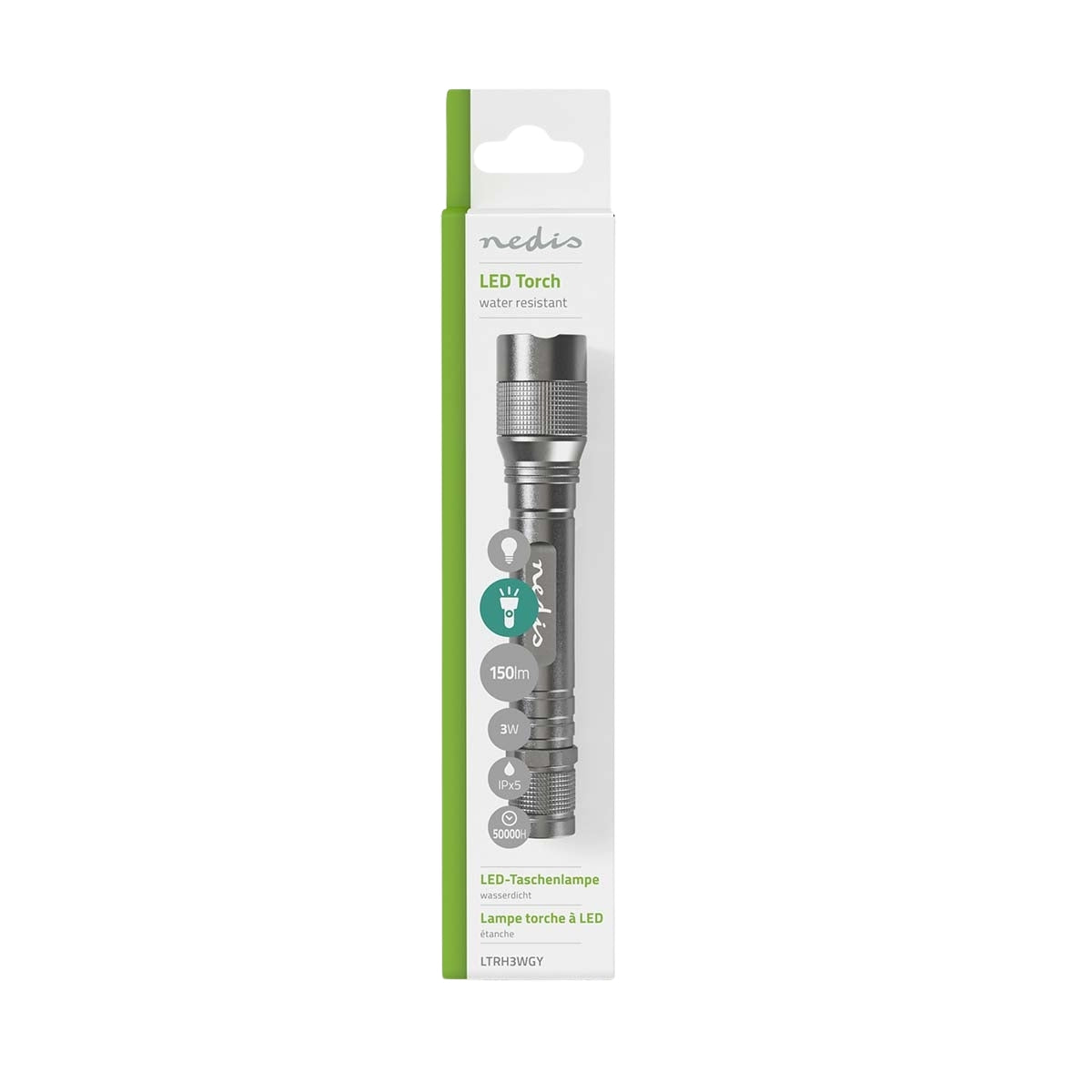 LED flashlight | Battery powered | 3 V DC | 3 W| 2x AA/LR6 | Indicated luminous flux: 150 lm | Lighting range: 120 m | Beam angle: 46.1 °