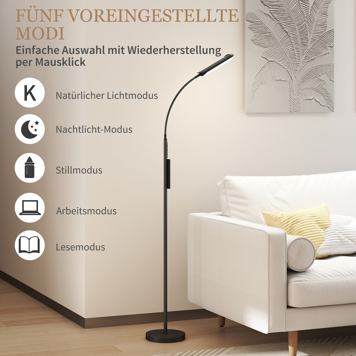 LED floor lamp, 5 modes, memory function, adjustable brightness, steel, black