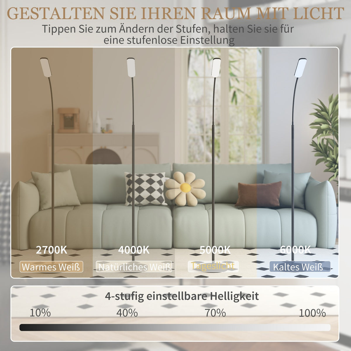 LED floor lamp, 5 modes, memory function, adjustable brightness, steel, black
