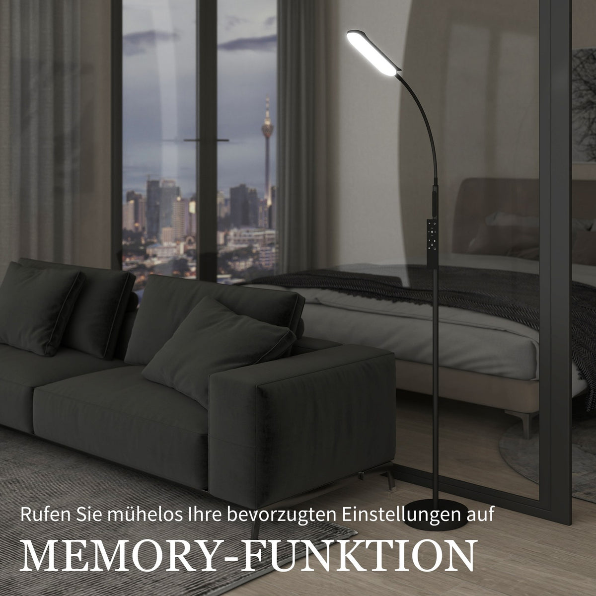 LED floor lamp, 5 modes, memory function, adjustable brightness, steel, black