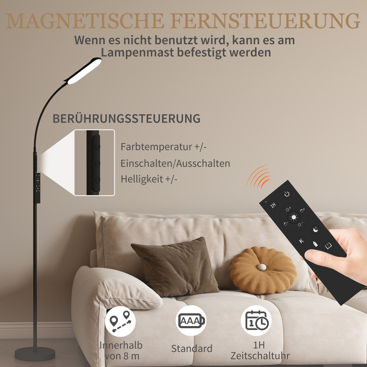 LED floor lamp, 5 modes, memory function, adjustable brightness, steel, black