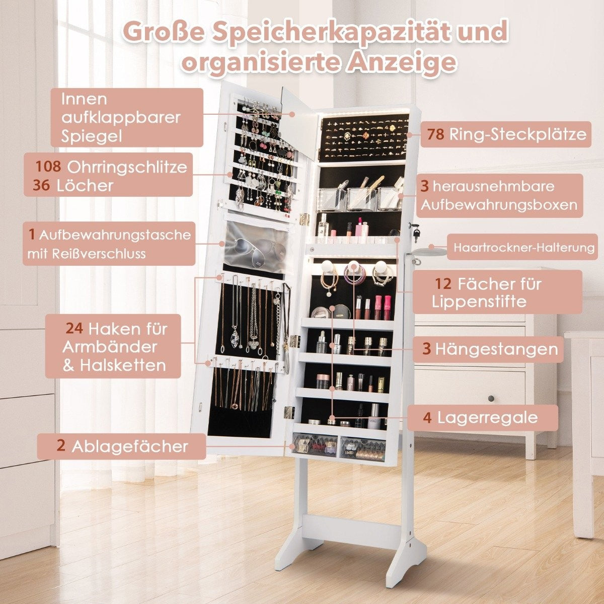 LED jewelry cabinet with full-length mirror and make-up mirror 41 x 37 x 156 cm white