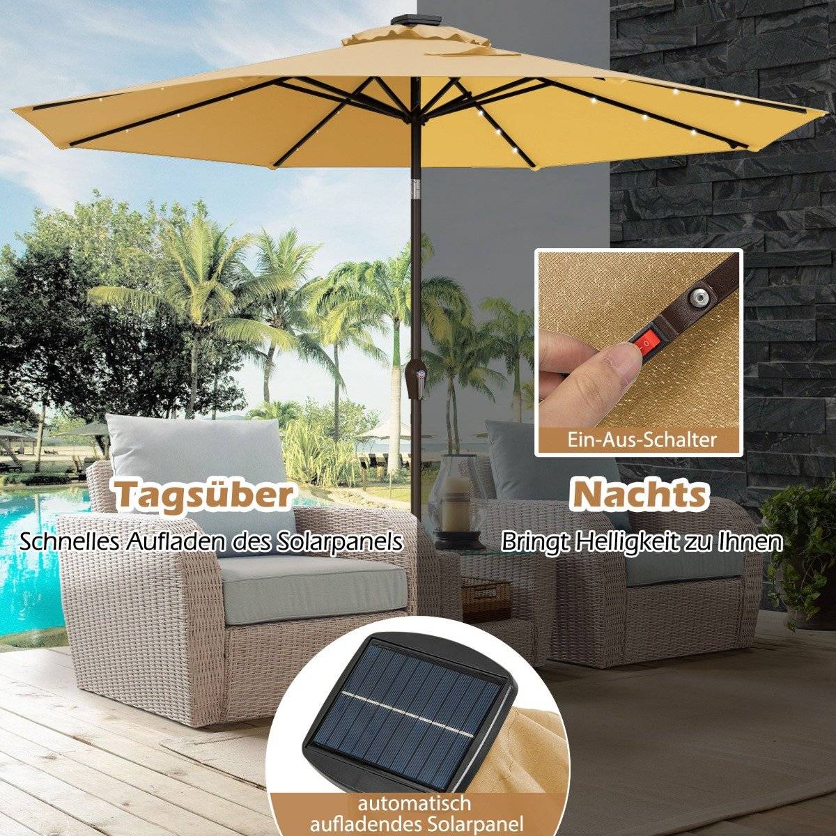 LED lighting cantilever umbrella round parasol solar powered garden umbrella crank beige ø 3M