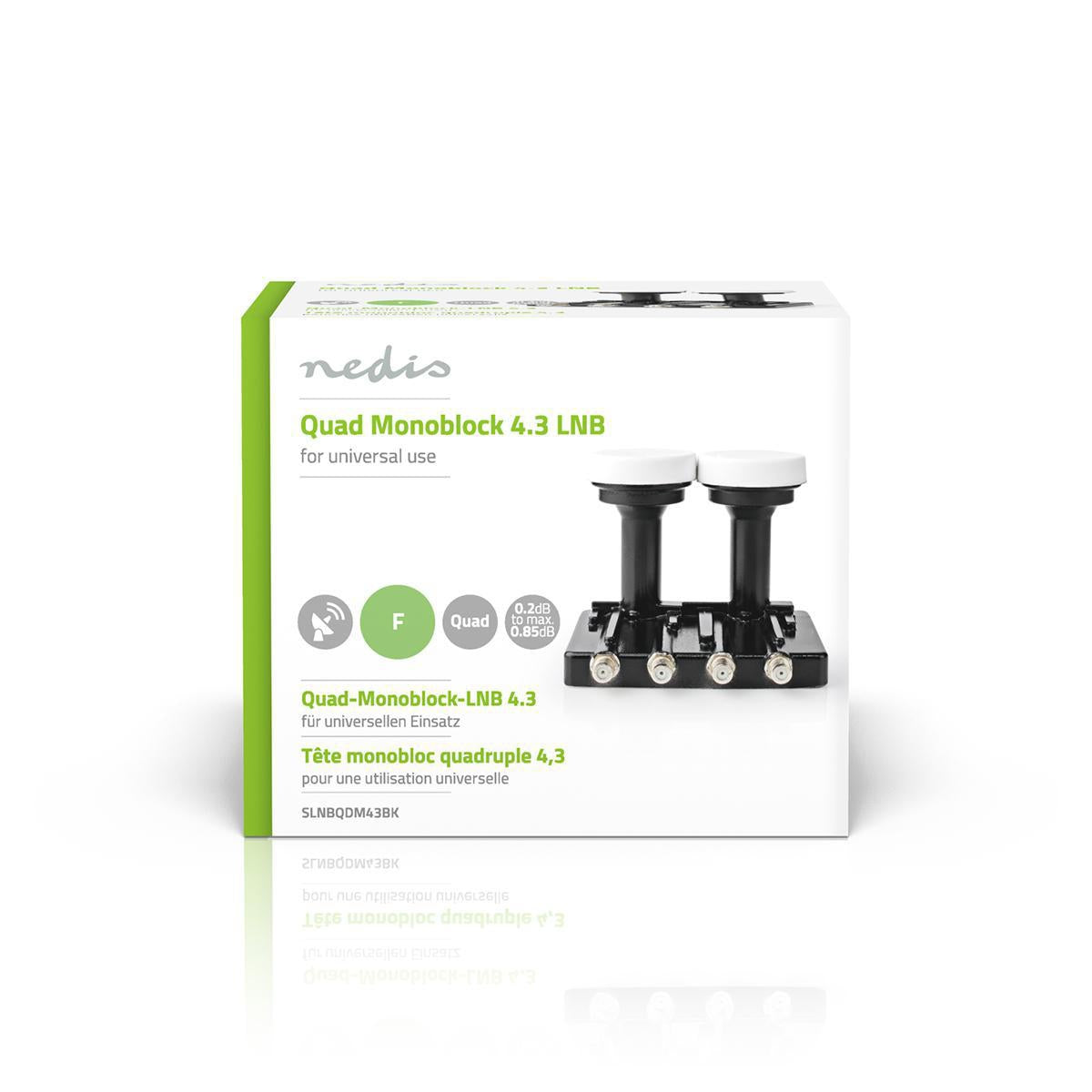 LNB | Quad Monoblock 4.3 ° | Output connection: 4x F-connector | Noise factor range: 0.85 dB | Conversion gain: 52 - 67 dB | White | Fits: Astra1+ / Astra3