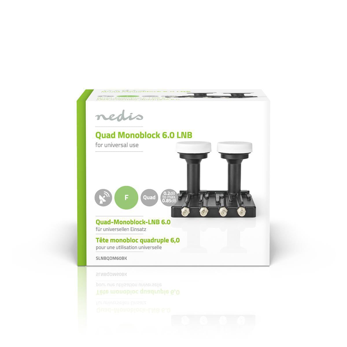 LNB | Quad Monoblock 6.0 ° | Output connection: 4x F-connector | Noise factor range: 0.85 dB | Conversion gain: 52 - 67 dB | Black | Fits: Astra+ / Hotbird