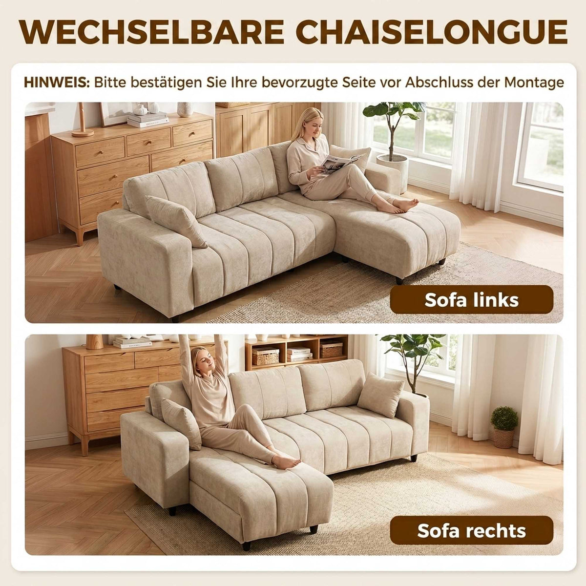 L-Shaped Beige Sofa with Reversible Chaise, 4-Seater