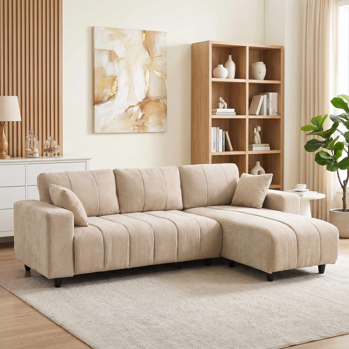 L-Shaped Beige Sofa with Reversible Chaise, 4-Seater
