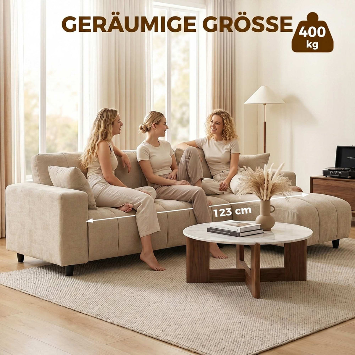L-Shaped Beige Sofa with Reversible Chaise, 4-Seater