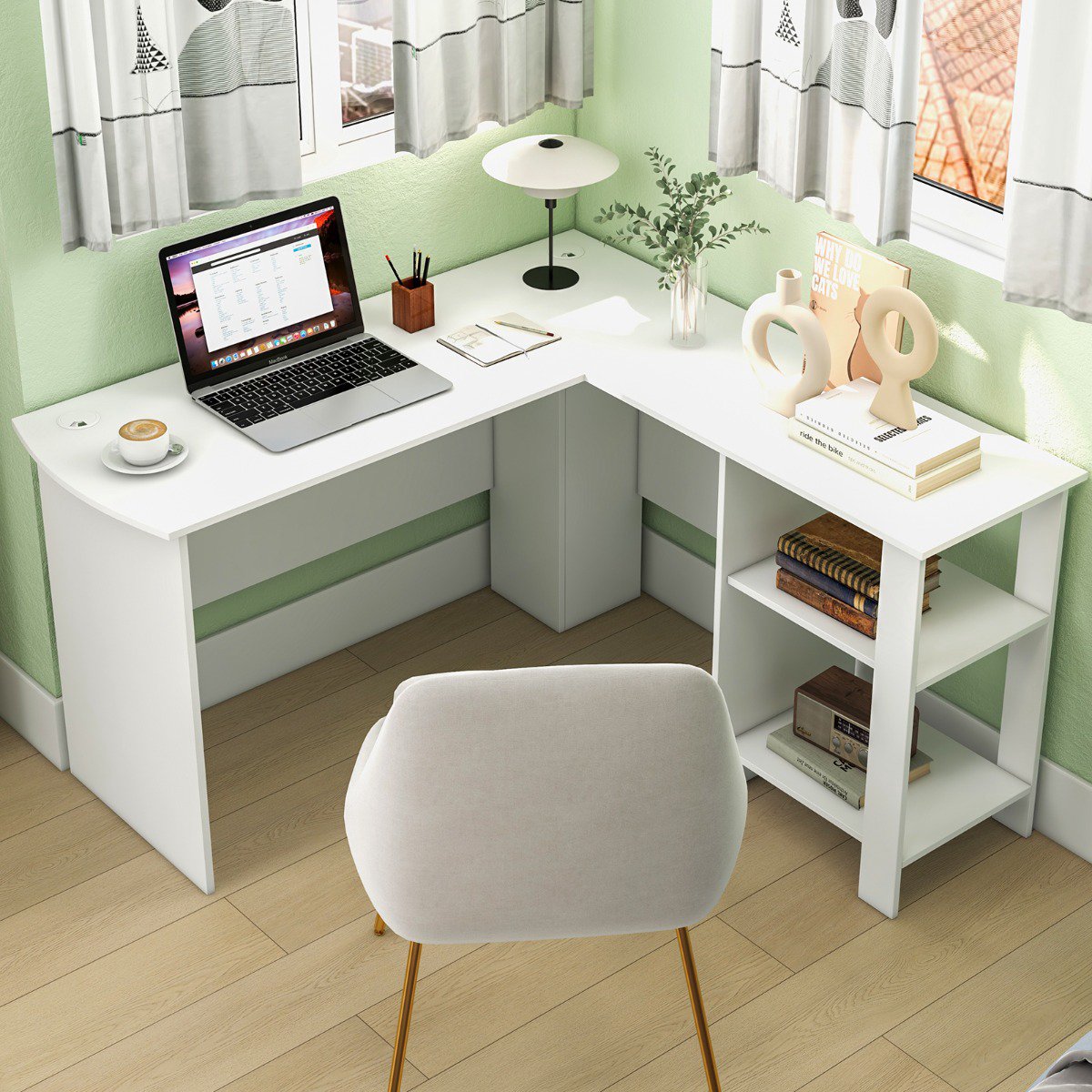 L-Shaped Computer Desk, 2 Cable Holes, Shelves, White