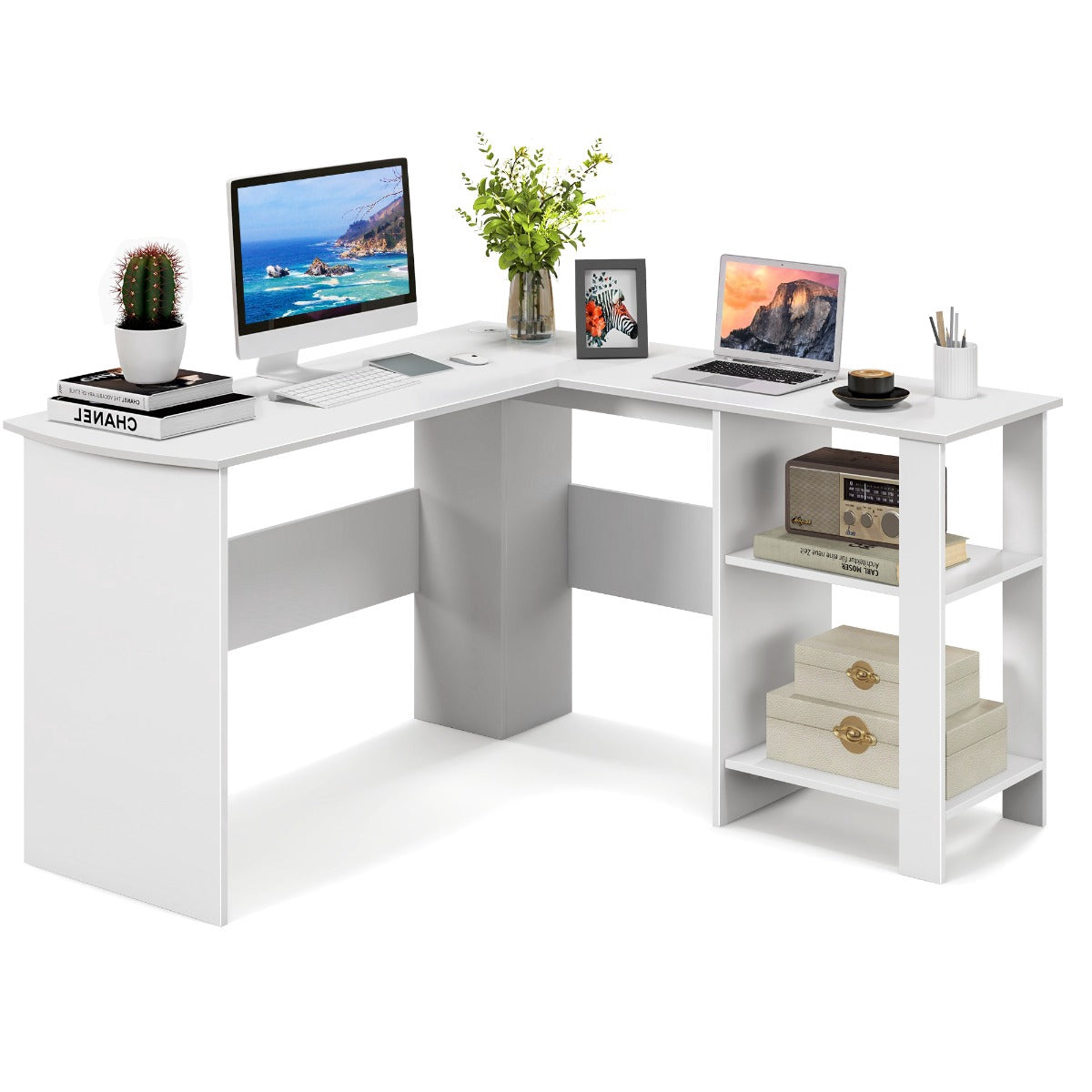 L-Shaped Computer Desk, 2 Cable Holes, Shelves, White