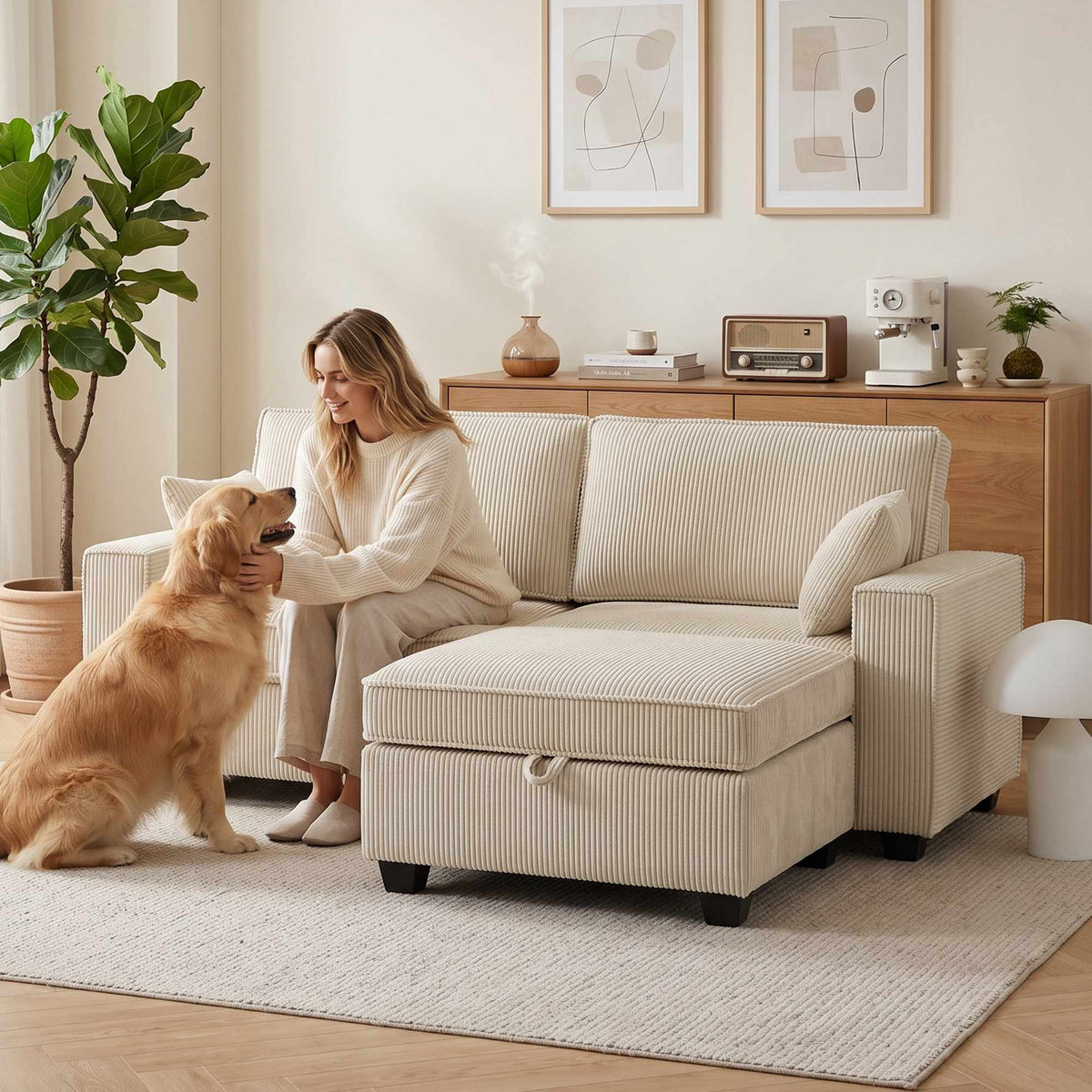 L-Shaped Cord Sofa with Reversible Storage Ottoman, Beige