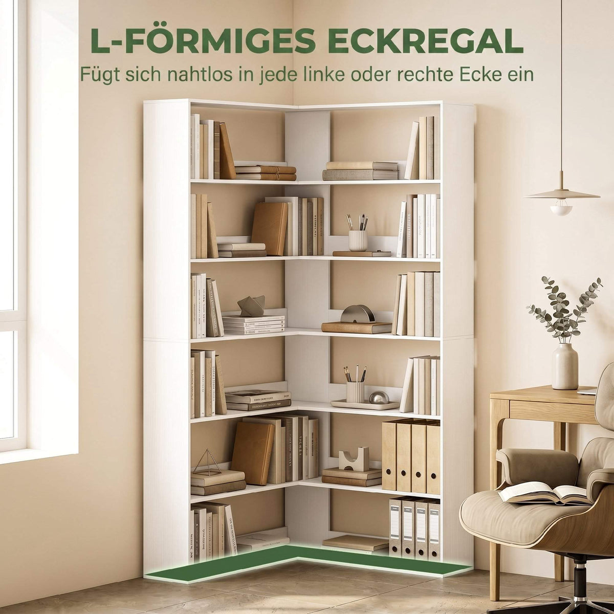 L-Shaped Corner Bookshelf, 7-Tier, White Wood Look