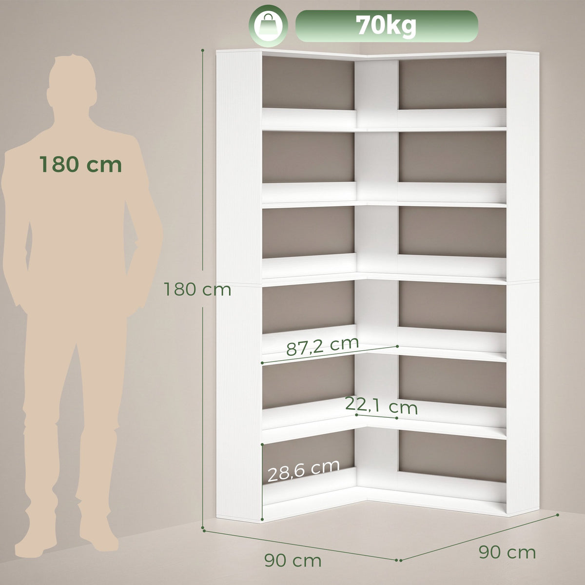 L-Shaped Corner Bookshelf, 7-Tier, White Wood Look