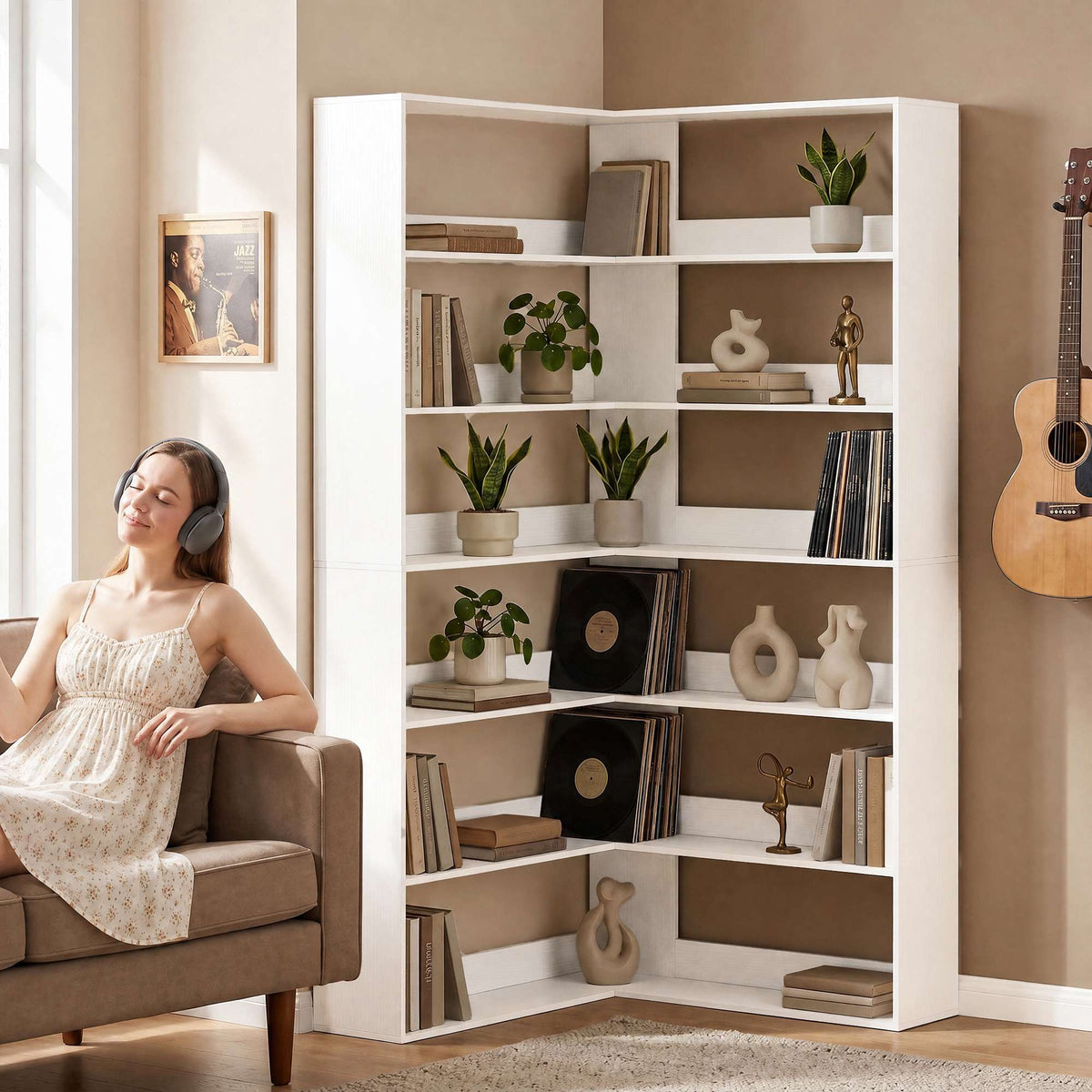 L-Shaped Corner Bookshelf, 7-Tier, White Wood Look