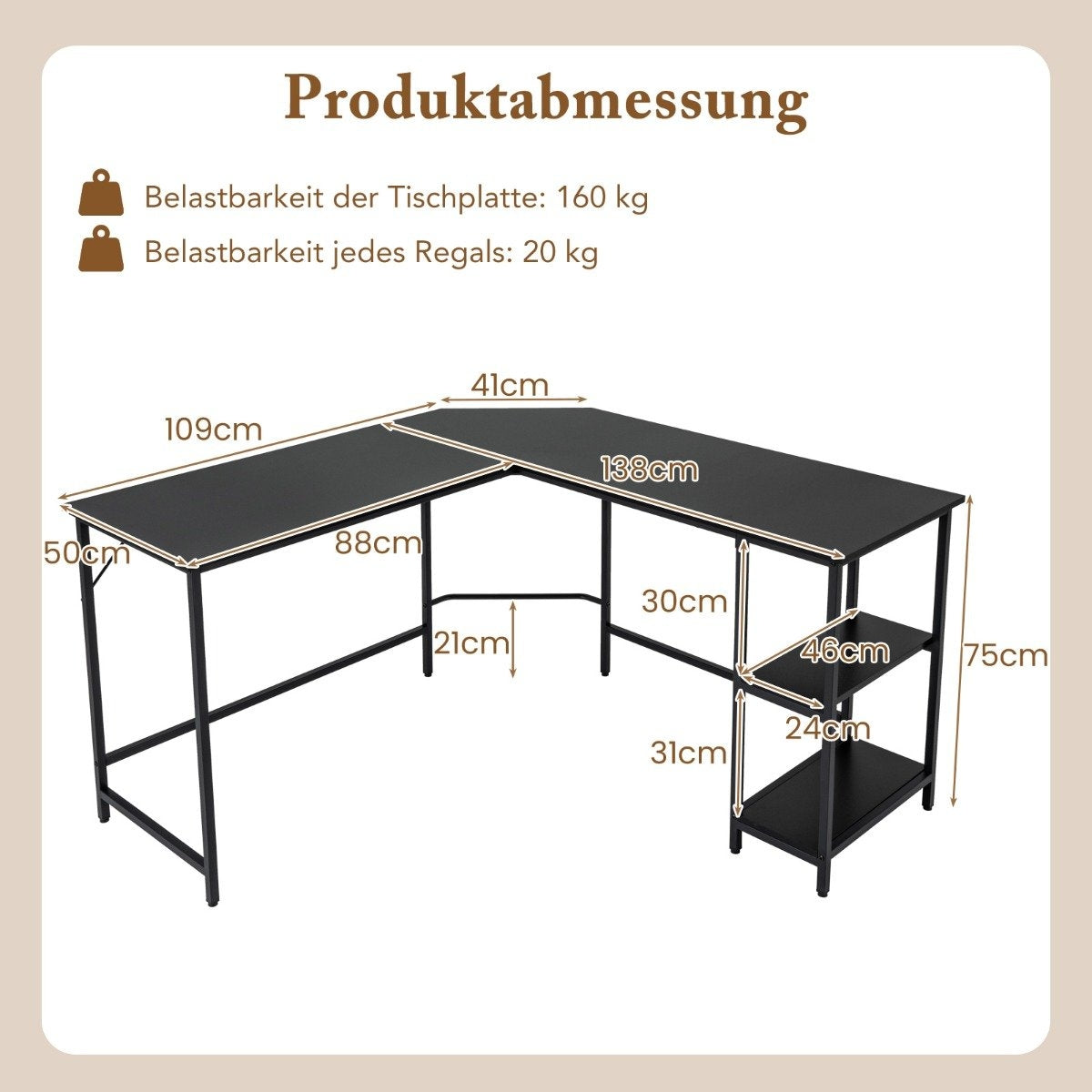 L-Shaped Corner Desk with 2 Shelves, Black