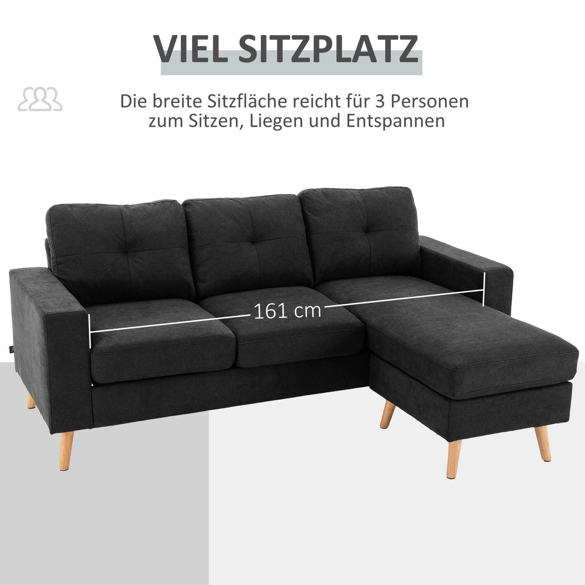L-Shaped Corner Sofa Black Corner Couch With Chaise Longue Linen Look For Living Room 3 People