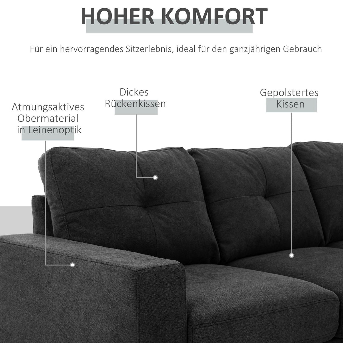 L-Shaped Corner Sofa Black Corner Couch With Chaise Longue Linen Look For Living Room 3 People