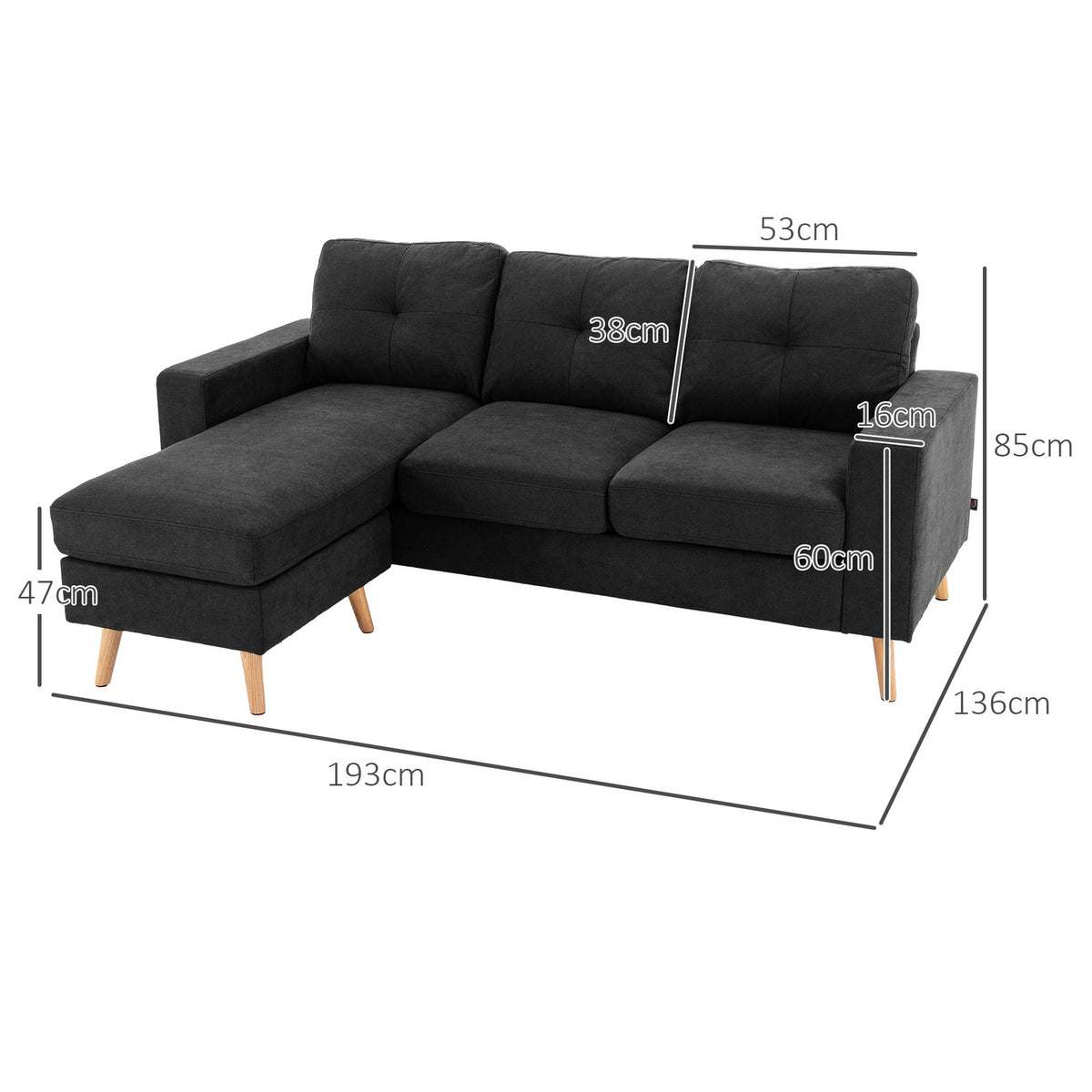 L-Shaped Corner Sofa Black Corner Couch With Chaise Longue Linen Look For Living Room 3 People