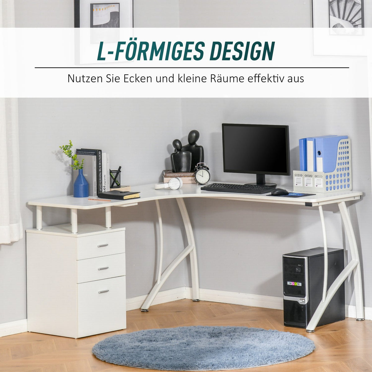 L-Shaped Desk With Drawers, Mdf Metal, Home Office Corner, Industrial Style, White, 143.5X143.5X76Cm