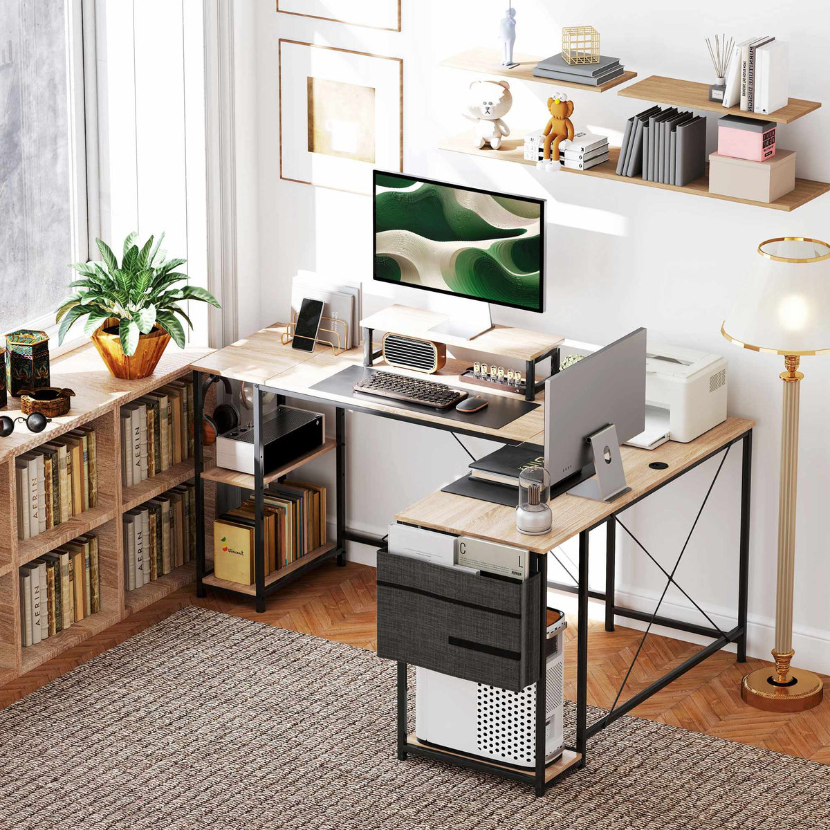 L-Shaped Desk with Adjustable Shelves and Storage Bag