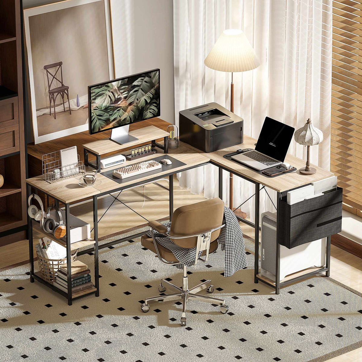L-Shaped Desk with Adjustable Shelves and Storage Bag