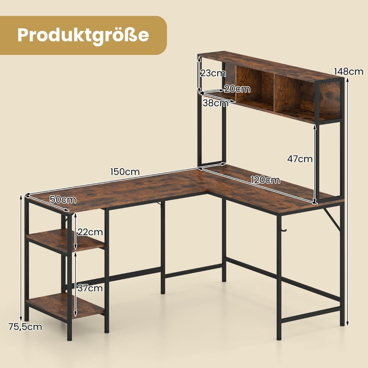 L-Shaped Desk with Bookshelf, Corner Computer Table, Rustic Brown