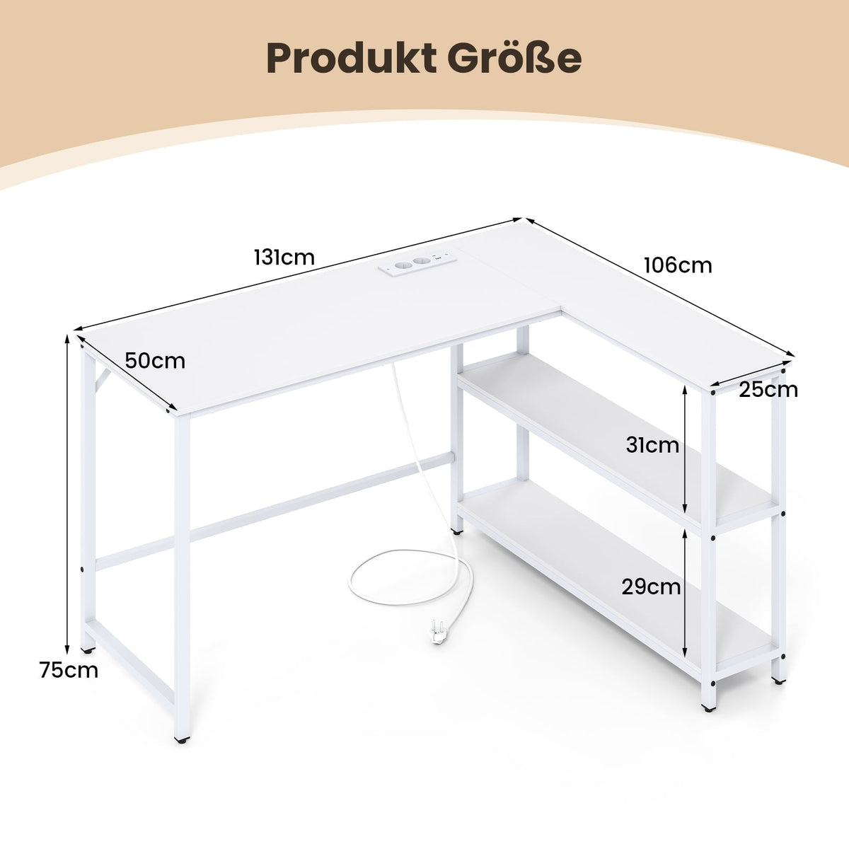 L-Shaped Desk with Charging Station & Shelves, White