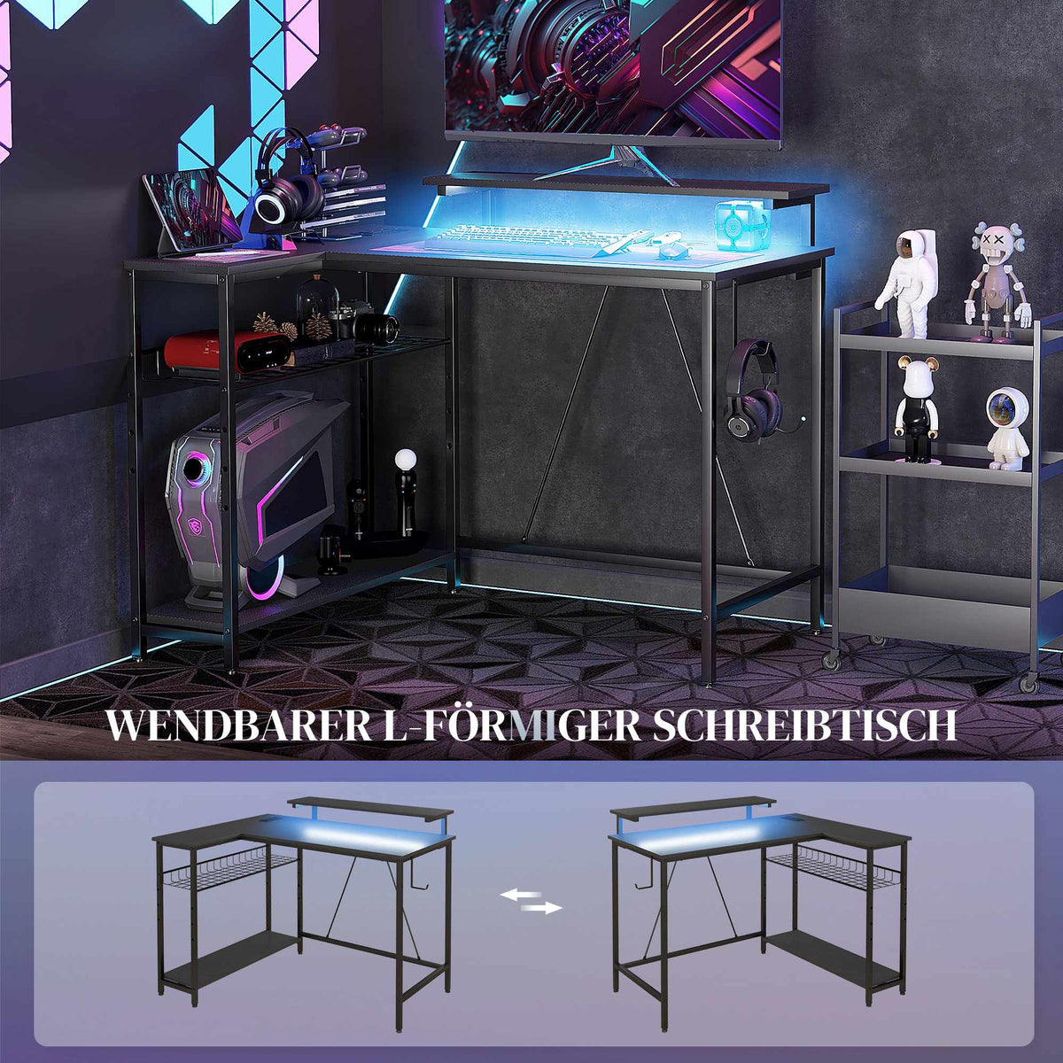 L-Shaped Desk with LED, Outlets, USB, Reversible, Black