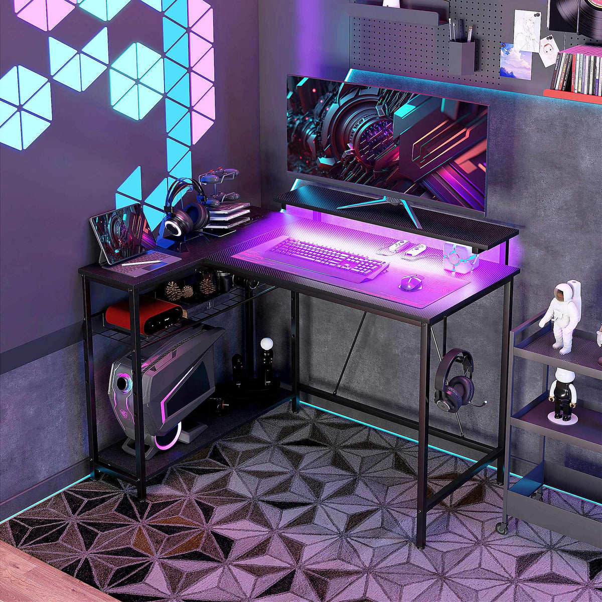 L-Shaped Desk with LED, Outlets, USB, Reversible, Black