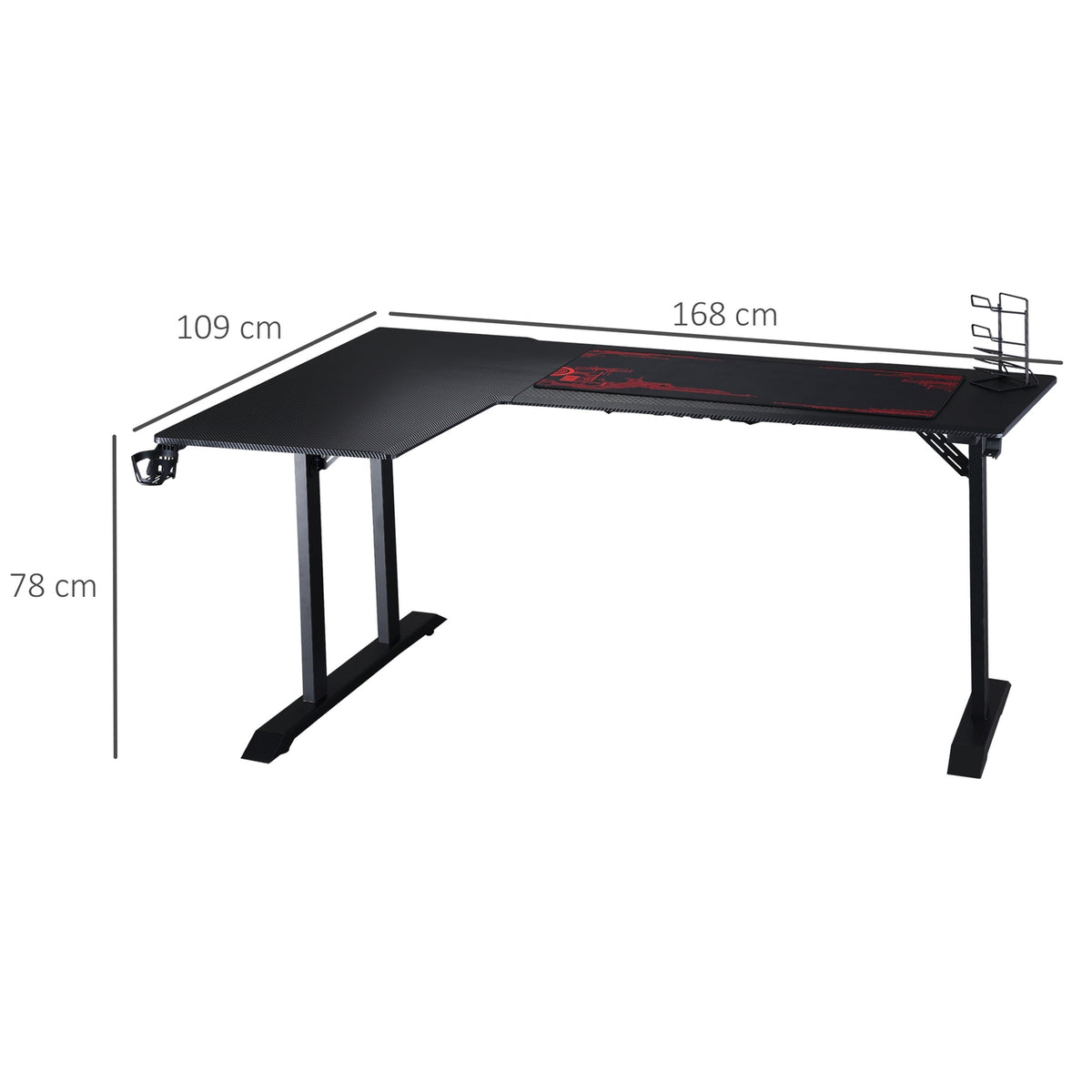 L-Shaped Gaming Desk With Headphone Hook, Cup Holder, Mdf Metal, Black+Red, 168X109X78Cm