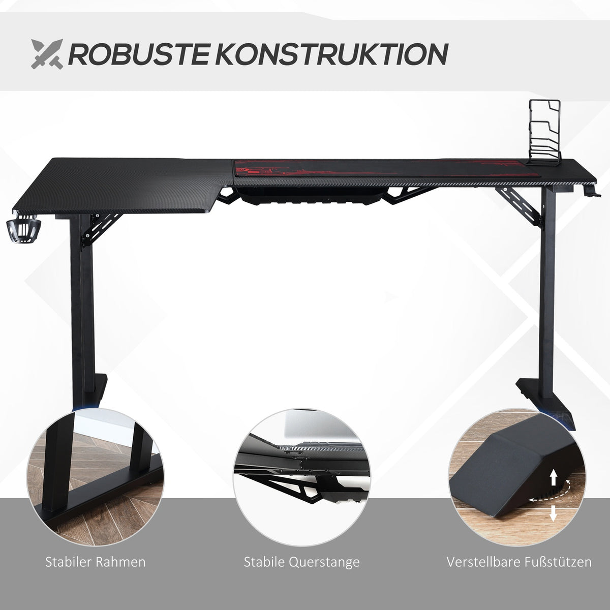 L-Shaped Gaming Desk With Headphone Hook, Cup Holder, Mdf Metal, Black+Red, 168X109X78Cm