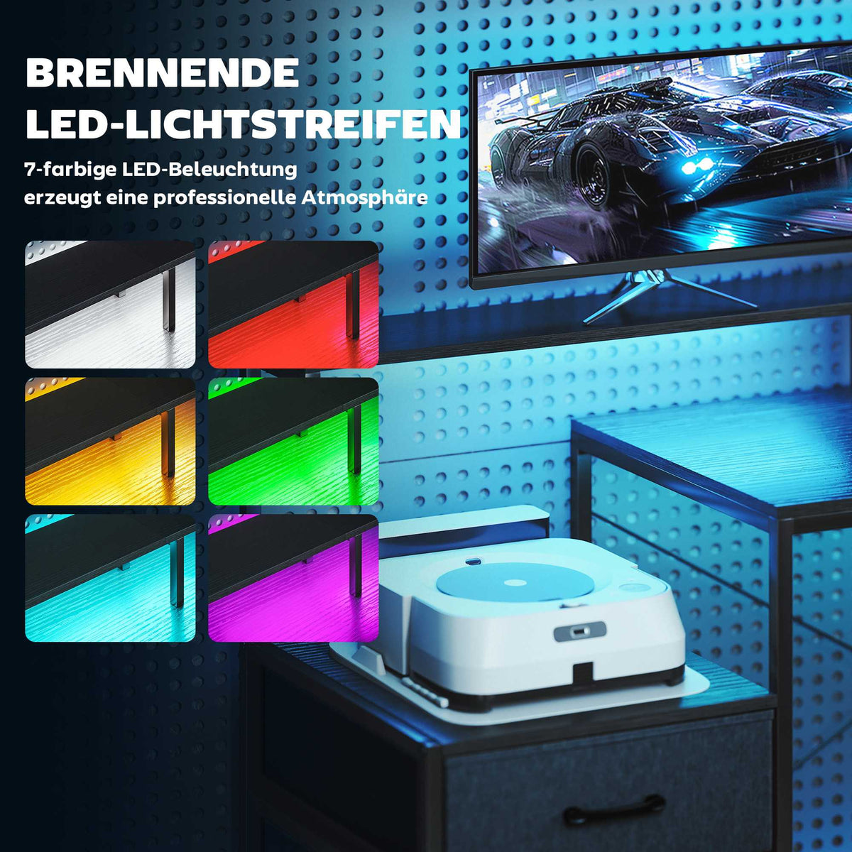 L-Shaped Gaming Desk with LED, Power Outlets, Dual Monitor Stand