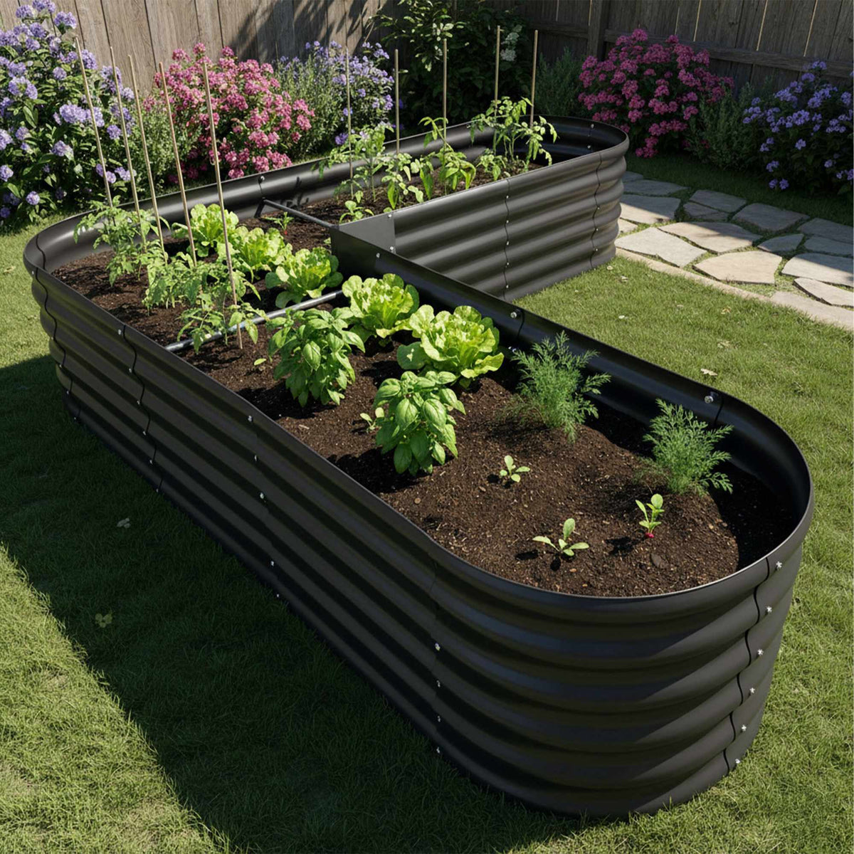 L-Shaped Metal Raised Garden Bed for Vegetables & Herbs