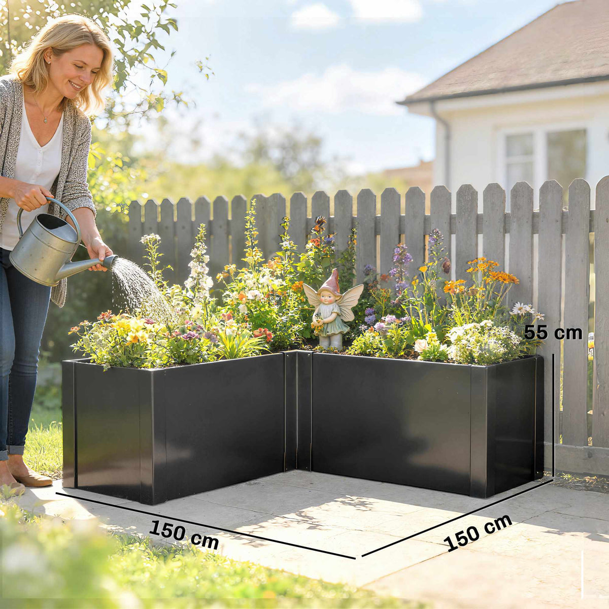 L-Shaped Raised Garden Bed, Galvanized Steel, 150x150x55 cm