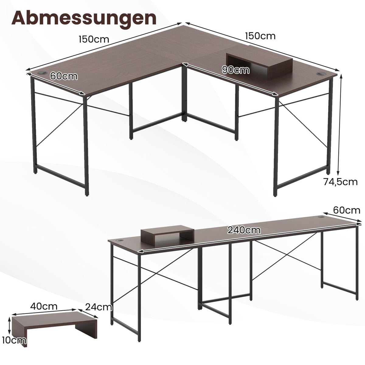 L-Shaped Reversible Desk with Charging Station, Brown