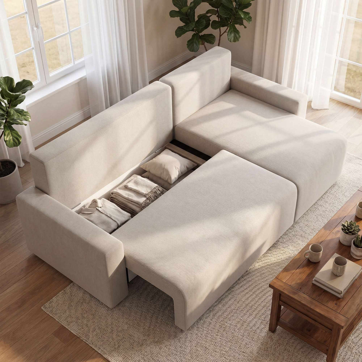 L-Shaped Sleeper Sofa with Storage, Reversible Chaise – Beige