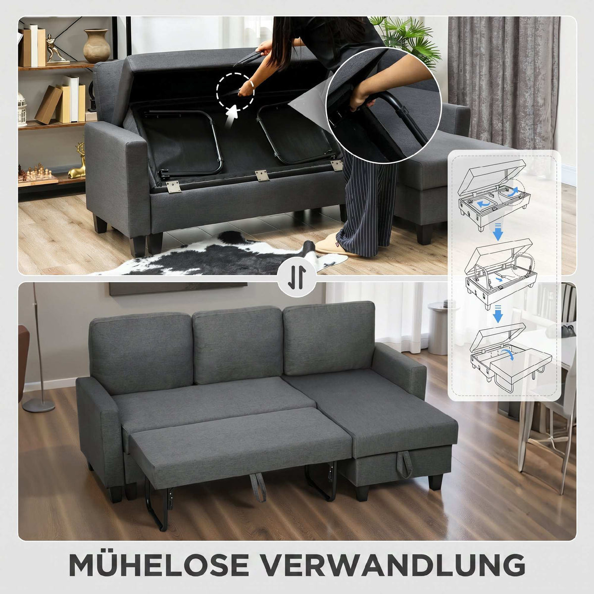L-Shaped Sofa Bed With Storage, Reversible Chaise, Gray