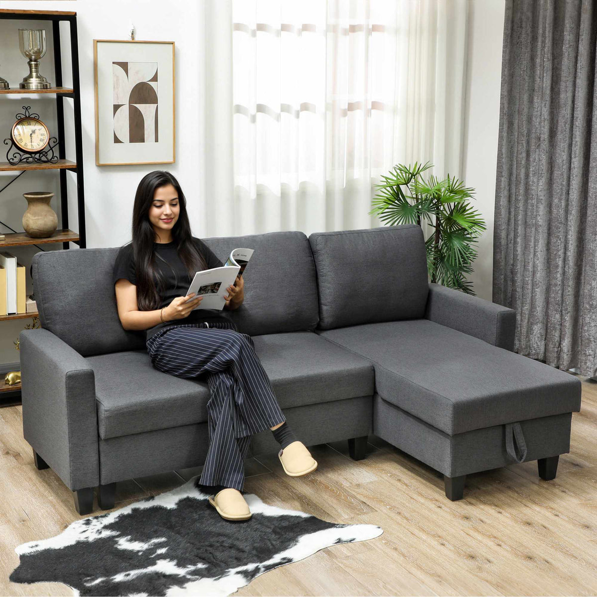 L-Shaped Sofa Bed With Storage, Reversible Chaise, Gray