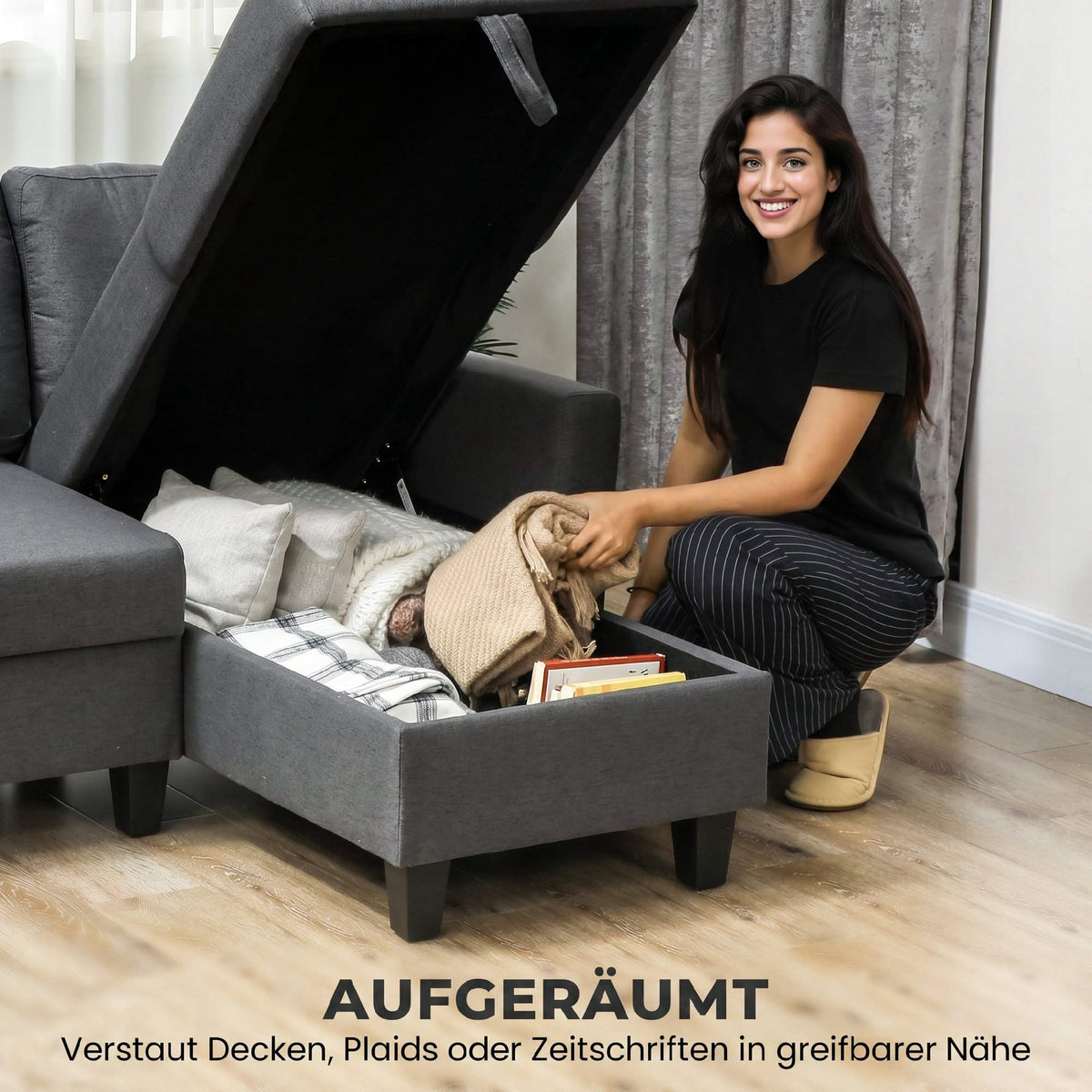 L-Shaped Sofa Bed With Storage, Reversible Chaise, Gray