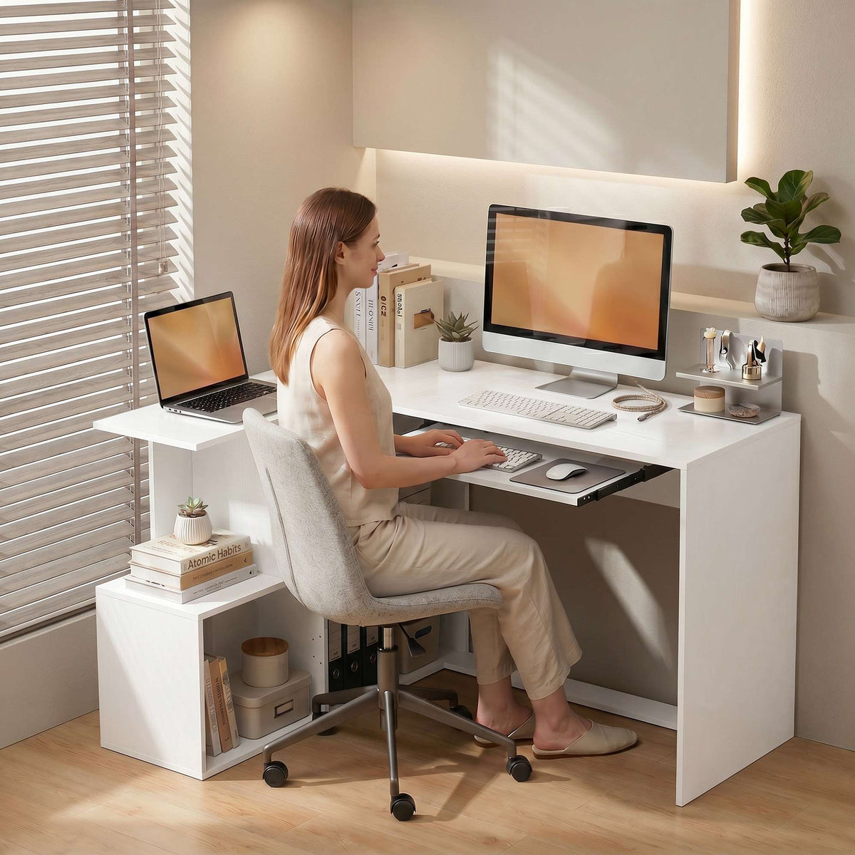 L-Shaped White Wood Desk with Keyboard Tray and Shelves