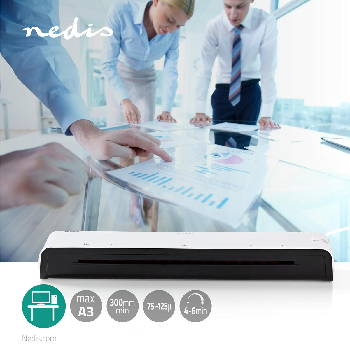 Laminator | Hot cold | A3 | 300 mm/min | Automatic shutdown | Power adapter | White