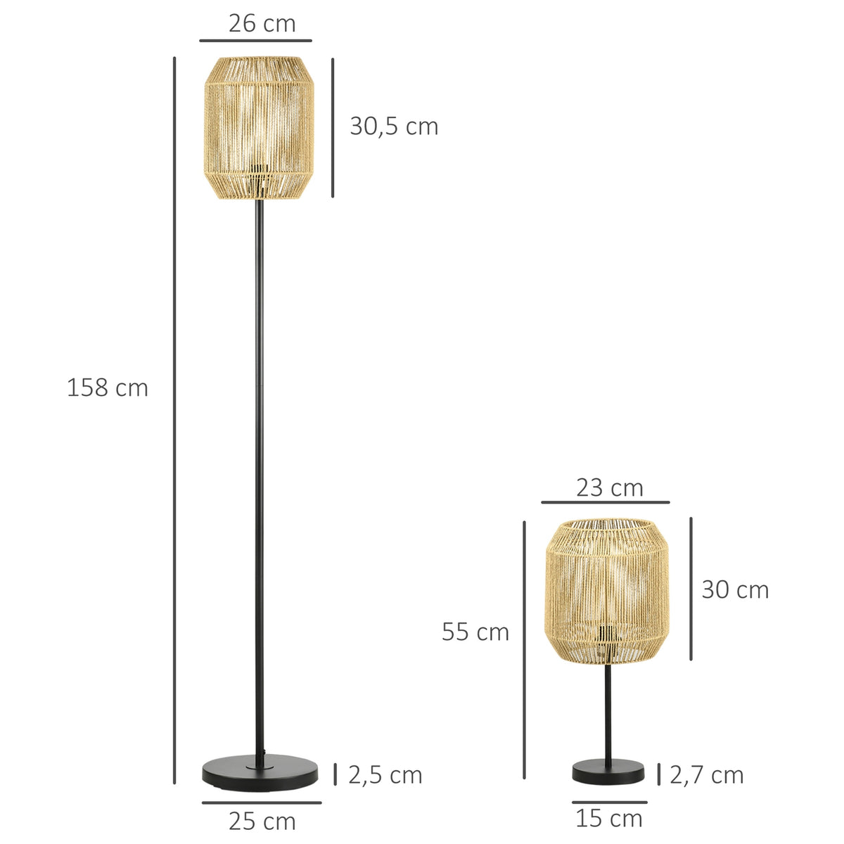 Lamp Set Of 2 With Floor And Table Lamp, E27 Base, Linen Lampshade, For Living Room, Natural